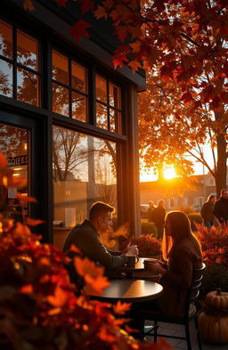 A cozy coffee shop in the suburbs during autumn, with vibrant fall leaves in shades of orange, red, and yellow surrounding the building
