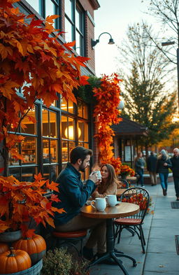 A cozy coffee shop in the suburbs during autumn, with vibrant fall leaves in shades of orange, red, and yellow surrounding the building