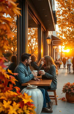 A cozy coffee shop in the suburbs during autumn, with vibrant fall leaves in shades of orange, red, and yellow surrounding the building
