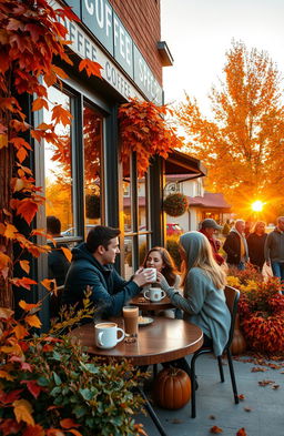 A cozy coffee shop in the suburbs during autumn, with vibrant fall leaves in shades of orange, red, and yellow surrounding the building