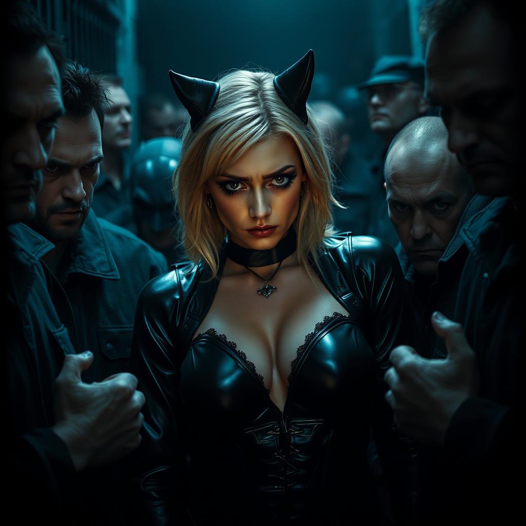 A sad and terrified blonde Catwoman, her big breast cleavage prominently featured, finds herself surrounded by dense male prisoners within the dark, oppressive atmosphere of Gotham prison