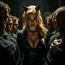 A sad and terrified blonde Catwoman, her big breast cleavage prominently featured, finds herself surrounded by dense male prisoners within the dark, oppressive atmosphere of Gotham prison