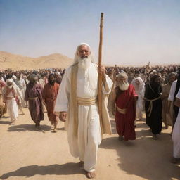 Three years later, Prophet Moses, holding his wooden staff, leads his followers towards the Red Sea, a procession of faithful believers, undeterred by the trials faced, marching forward with hope in their hearts.