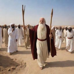 Three years later, Prophet Moses, holding his wooden staff, leads his followers towards the Red Sea, a procession of faithful believers, undeterred by the trials faced, marching forward with hope in their hearts.