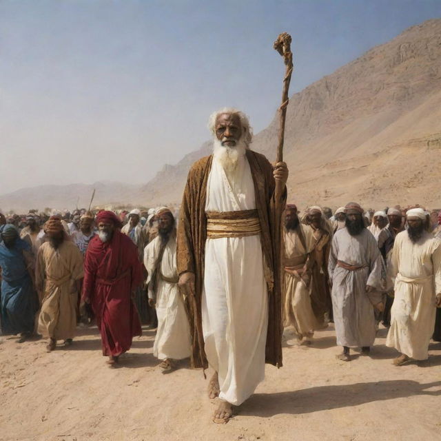 Three years later, Prophet Moses, holding his wooden staff, leads his followers towards the Red Sea, a procession of faithful believers, undeterred by the trials faced, marching forward with hope in their hearts.