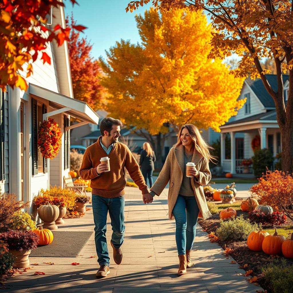 A cozy coffee shop nestled in a suburban neighborhood during autumn, featuring vibrant fall foliage in shades of orange, yellow, and red