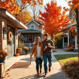 A cozy coffee shop nestled in a suburban neighborhood during autumn, featuring vibrant fall foliage in shades of orange, yellow, and red