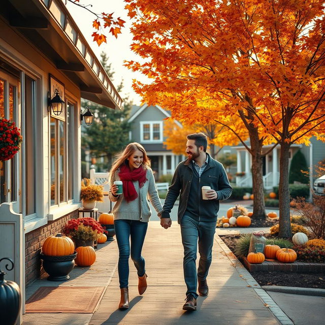 A cozy coffee shop nestled in a suburban neighborhood during autumn, featuring vibrant fall foliage in shades of orange, yellow, and red