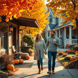 A cozy coffee shop nestled in a suburban neighborhood during autumn, featuring vibrant fall foliage in shades of orange, yellow, and red