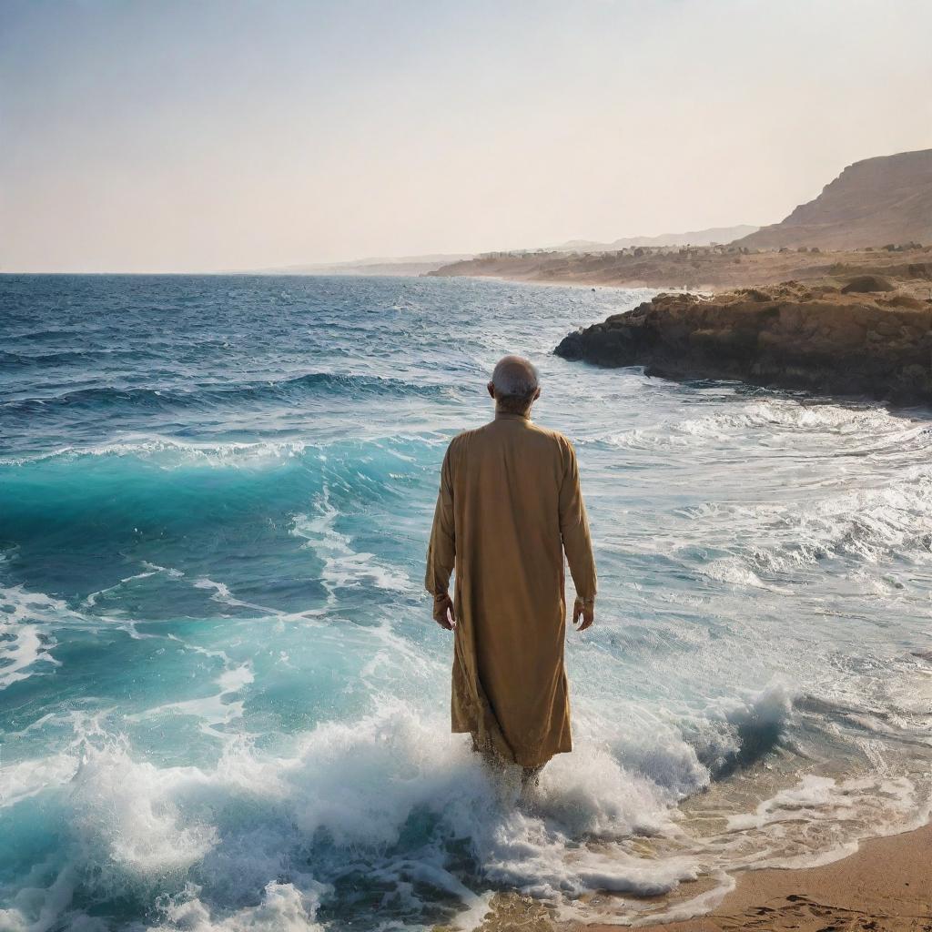 In an age-old exodus, Prophet Moses and his followers reach the majestic, azure waters of the Red Sea, their hope and faith unwavering, as they stand against the vast, undulating expanse of water.