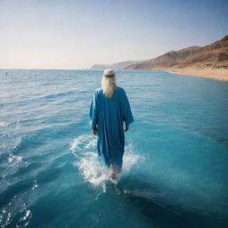 In an age-old exodus, Prophet Moses and his followers reach the majestic, azure waters of the Red Sea, their hope and faith unwavering, as they stand against the vast, undulating expanse of water.