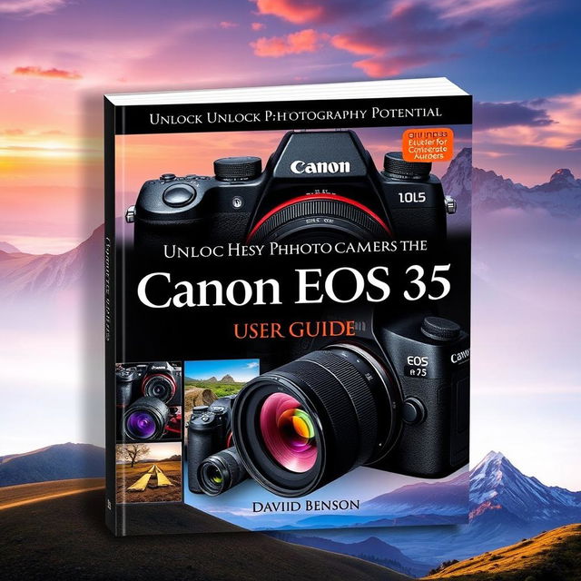 A beautifully designed cover for a photography user guide titled 'Unlock Your Photography Potential: Canon EOS R5 User Guide' by David Benson