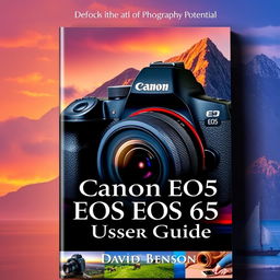 A beautifully designed cover for a photography user guide titled 'Unlock Your Photography Potential: Canon EOS R5 User Guide' by David Benson