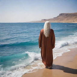 In an age-old exodus, Prophet Moses and his followers reach the majestic, azure waters of the Red Sea, their hope and faith unwavering, as they stand against the vast, undulating expanse of water.