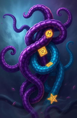 A vibrant fantasy illustration featuring multiple tentacles intertwining, adorned with glowing mystical runes