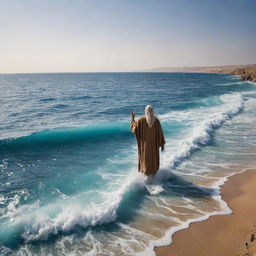 In an age-old exodus, Prophet Moses and his followers reach the majestic, azure waters of the Red Sea, their hope and faith unwavering, as they stand against the vast, undulating expanse of water.