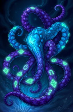 A vibrant fantasy illustration featuring multiple tentacles intertwining, adorned with glowing mystical runes