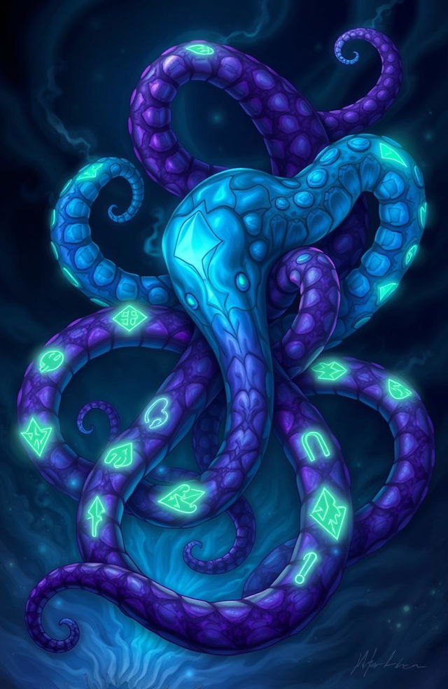 A vibrant fantasy illustration featuring multiple tentacles intertwining, adorned with glowing mystical runes