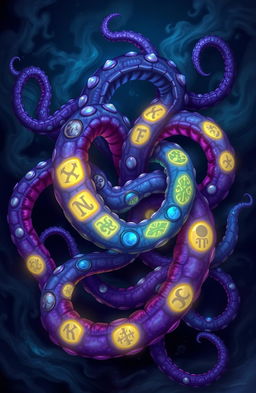 A vibrant fantasy illustration featuring multiple tentacles intertwining, adorned with glowing mystical runes