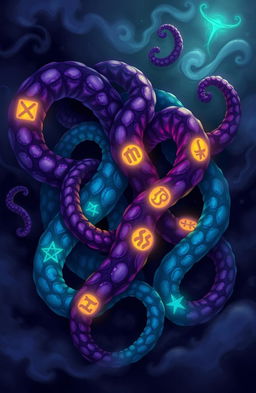 A vibrant fantasy illustration featuring multiple tentacles intertwining, adorned with glowing mystical runes