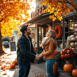 A romantic scene outside a charming coffee shop in a suburban neighborhood during autumn