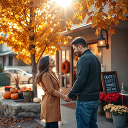 A romantic scene outside a charming coffee shop in a suburban neighborhood during autumn