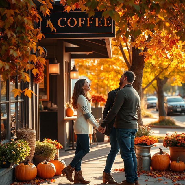 A romantic scene outside a charming coffee shop in a suburban neighborhood during autumn