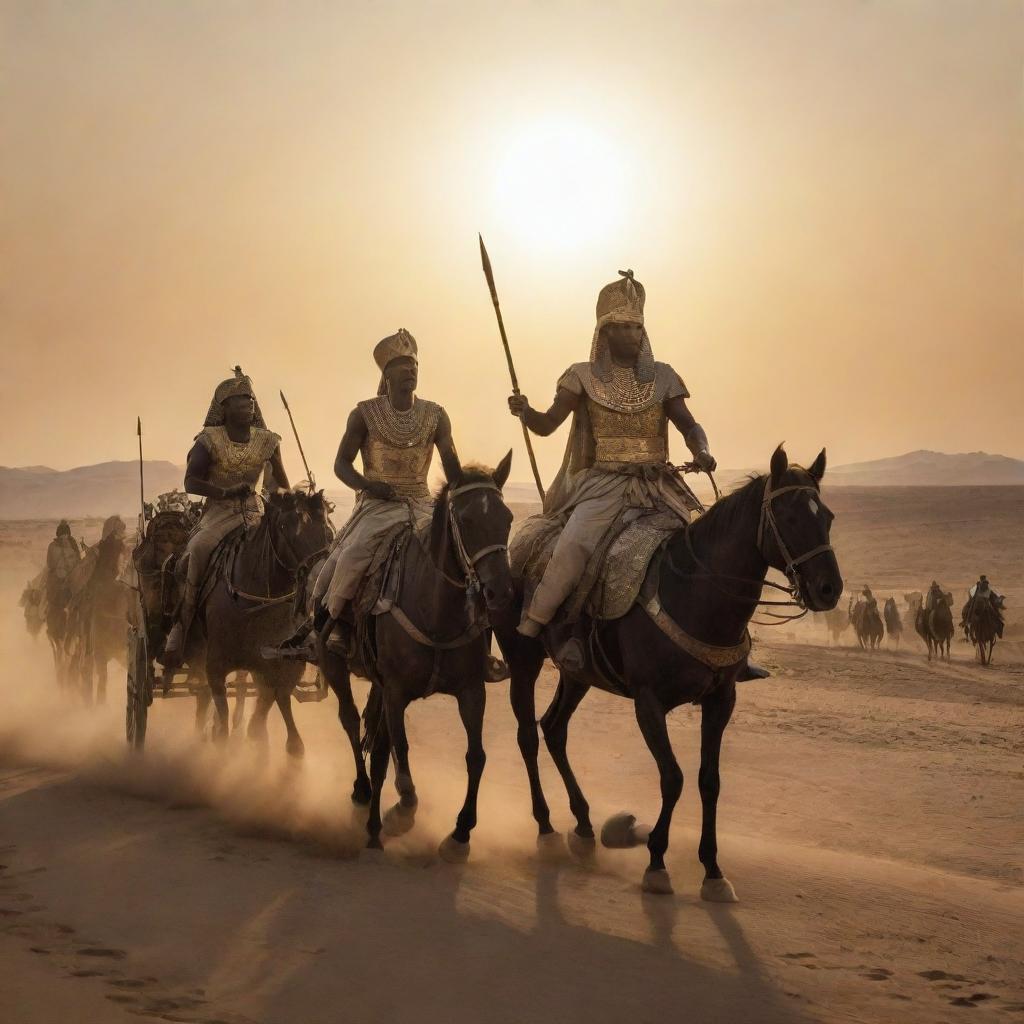 Pharaoh, atop his stately chariot, is leading a fierce cavalry in a relentless chase after Prophet Moses and the Israelites. Their silhouettes, against the setting sun, create a dramatic scene of pursuit across the vast desert.