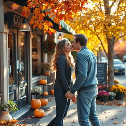 A romantic scene outside a charming coffee shop in a suburban neighborhood during autumn