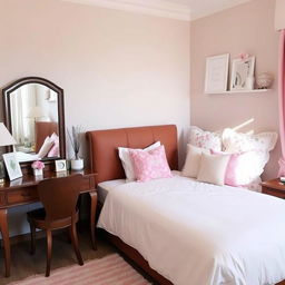 A cozy bedroom featuring a single bed with a brown headboard, elegantly designed