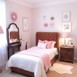 A cozy bedroom featuring a single bed with a brown headboard, elegantly designed