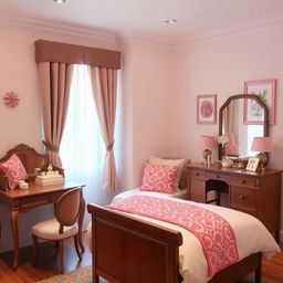 A cozy bedroom featuring a single bed with a brown headboard, elegantly designed