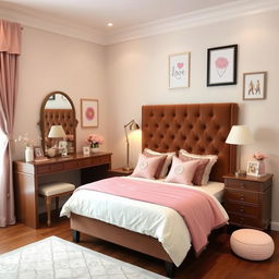 A cozy bedroom featuring a single bed with a brown headboard, elegantly designed