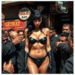 A sad and terrified Catwoman, wearing a strapless bikini that highlights her big breast cleavage and showcases her sexy legs and low waist panty, stands among a dense crowd of rough men outside a cheap bar in Gotham during the day