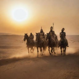 Pharaoh, atop his stately chariot, is leading a fierce cavalry in a relentless chase after Prophet Moses and the Israelites. Their silhouettes, against the setting sun, create a dramatic scene of pursuit across the vast desert.