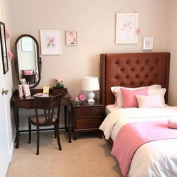 A cozy bedroom featuring a single bed with a brown headboard, elegantly designed
