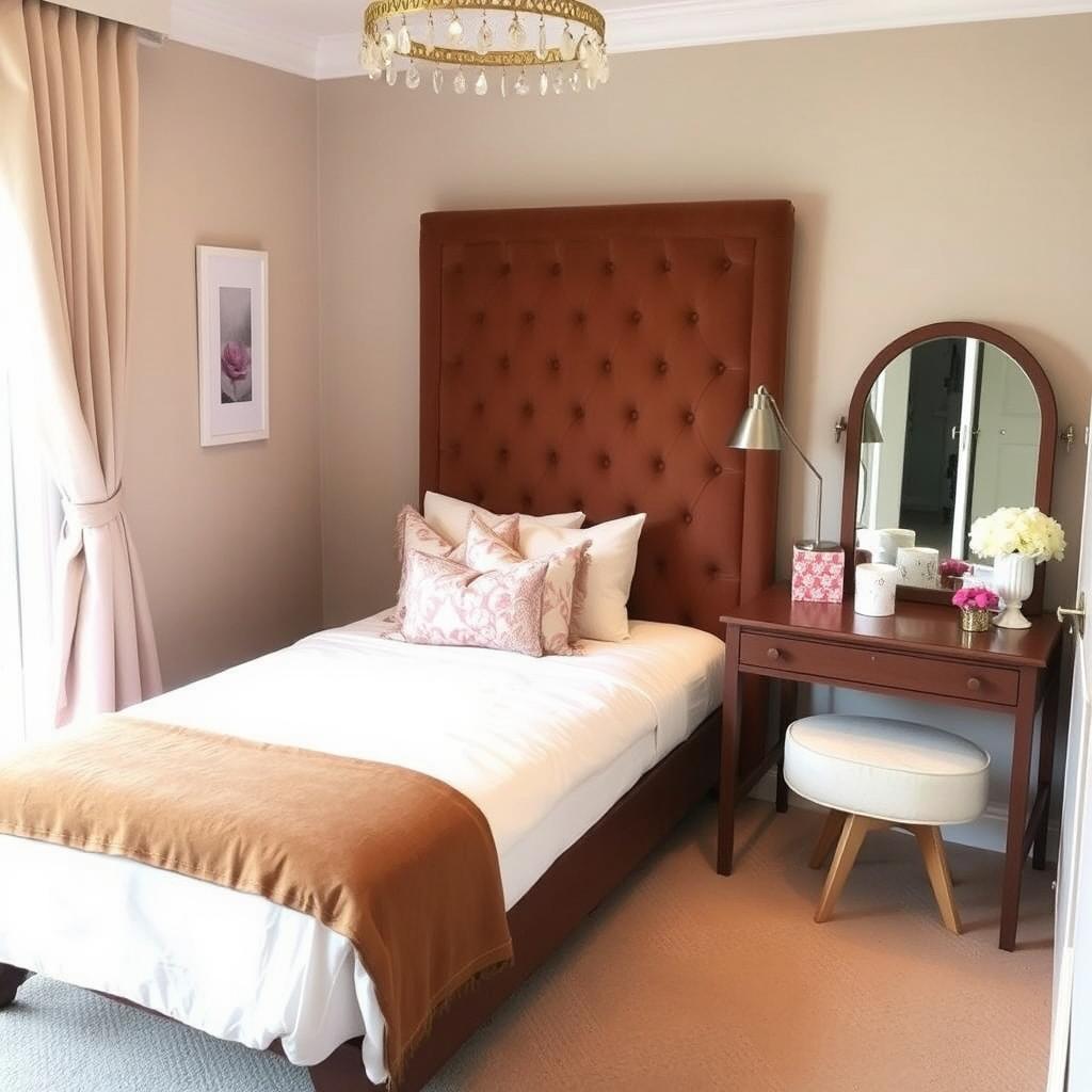 A cozy bedroom featuring a single bed with a brown headboard, elegantly designed