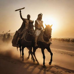 Pharaoh, atop his stately chariot, is leading a fierce cavalry in a relentless chase after Prophet Moses and the Israelites. Their silhouettes, against the setting sun, create a dramatic scene of pursuit across the vast desert.