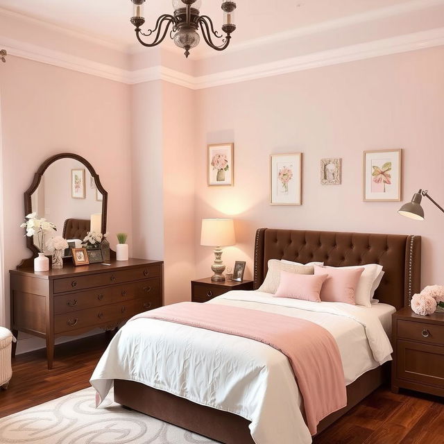 A cozy bedroom featuring a single bed with a brown headboard, elegantly designed