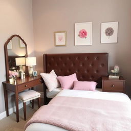 A cozy bedroom featuring a single bed with a brown headboard, elegantly designed