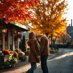 A picturesque autumn scene in a suburban neighborhood, showcasing a beautiful coffee shop with colorful fall decorations