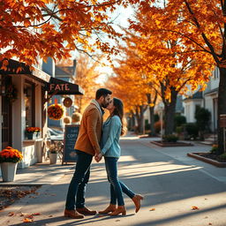A picturesque autumn scene in a suburban neighborhood, showcasing a beautiful coffee shop with colorful fall decorations