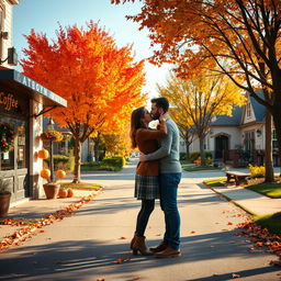 A picturesque autumn scene in a suburban neighborhood, showcasing a beautiful coffee shop with colorful fall decorations