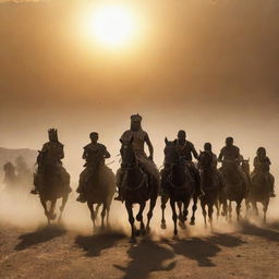 Pharaoh, atop his stately chariot, is leading a fierce cavalry in a relentless chase after Prophet Moses and the Israelites. Their silhouettes, against the setting sun, create a dramatic scene of pursuit across the vast desert.