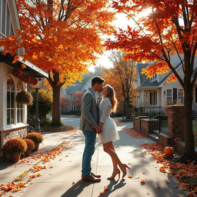 A picturesque autumn scene in a suburban neighborhood, showcasing a beautiful coffee shop with colorful fall decorations