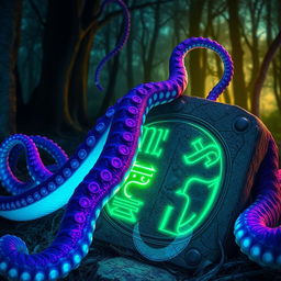 A mystical scene featuring vibrant, glowing tentacles entwined around ancient runes inscribed on weathered stone