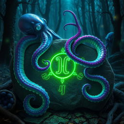 A mystical scene featuring vibrant, glowing tentacles entwined around ancient runes inscribed on weathered stone