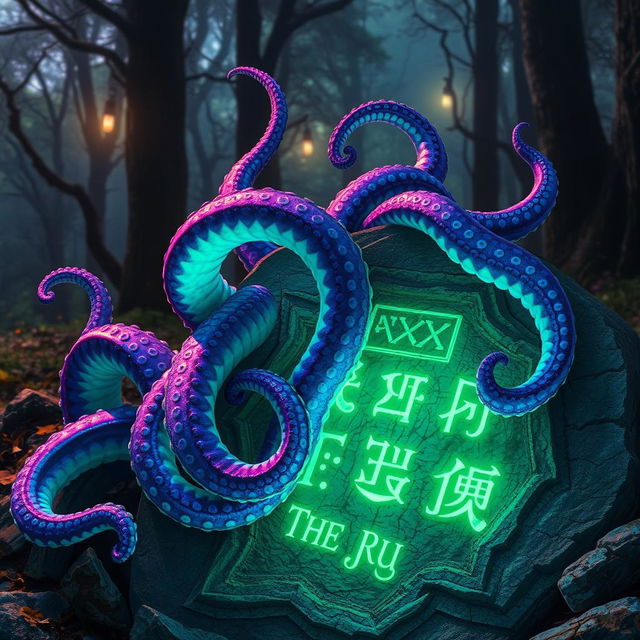 A mystical scene featuring vibrant, glowing tentacles entwined around ancient runes inscribed on weathered stone