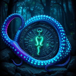A mystical scene featuring vibrant, glowing tentacles entwined around ancient runes inscribed on weathered stone