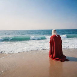 Standing at the edge of the broad, undulating expanse of the Red Sea, Prophet Moses, his staff at his side, kneels in earnest prayer to Allah, his words resonating with unwavering faith and humility.